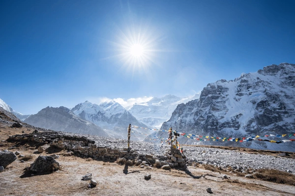 Stunning Himalayan view with prayer flags and snowy peaks during Kanchenjunga North Base Camp trek in Nepal
